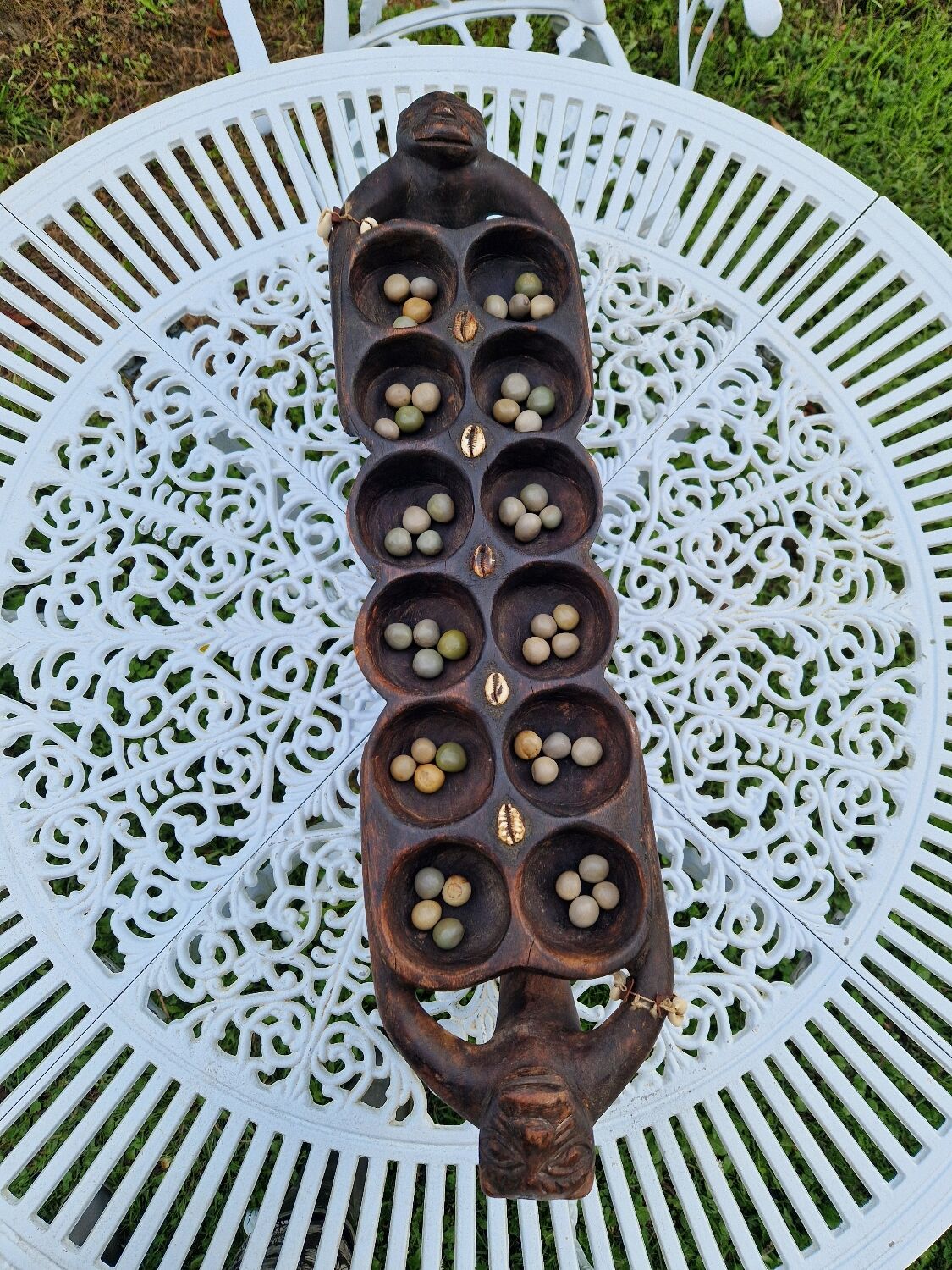 Large vintage Awale Oware game hand carved wood Nigeria 1980s