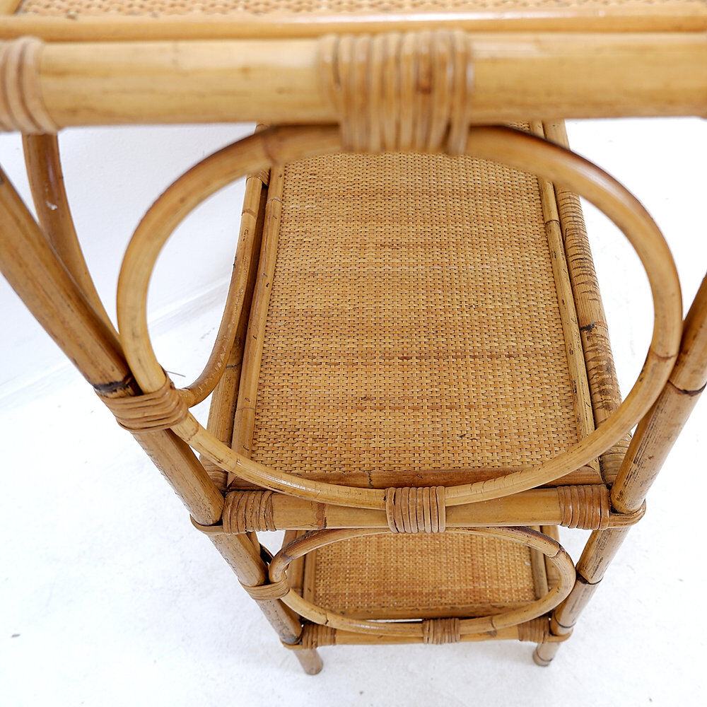 Vintage three-tier rattan shelf in bohemian style - 1960s