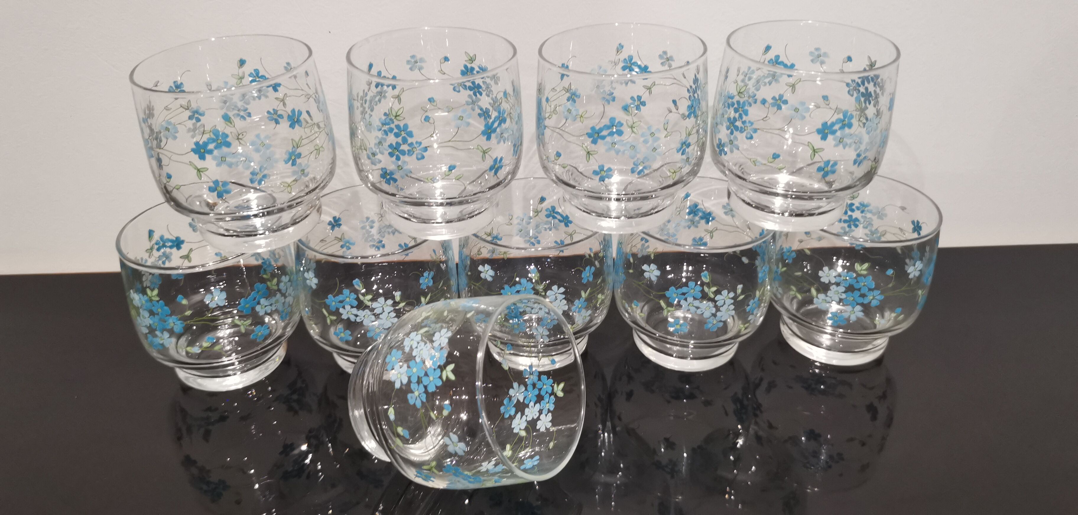 Set of 10 water glasses Veronica Luminarc Arcoroc decoration small blue flowers 80's