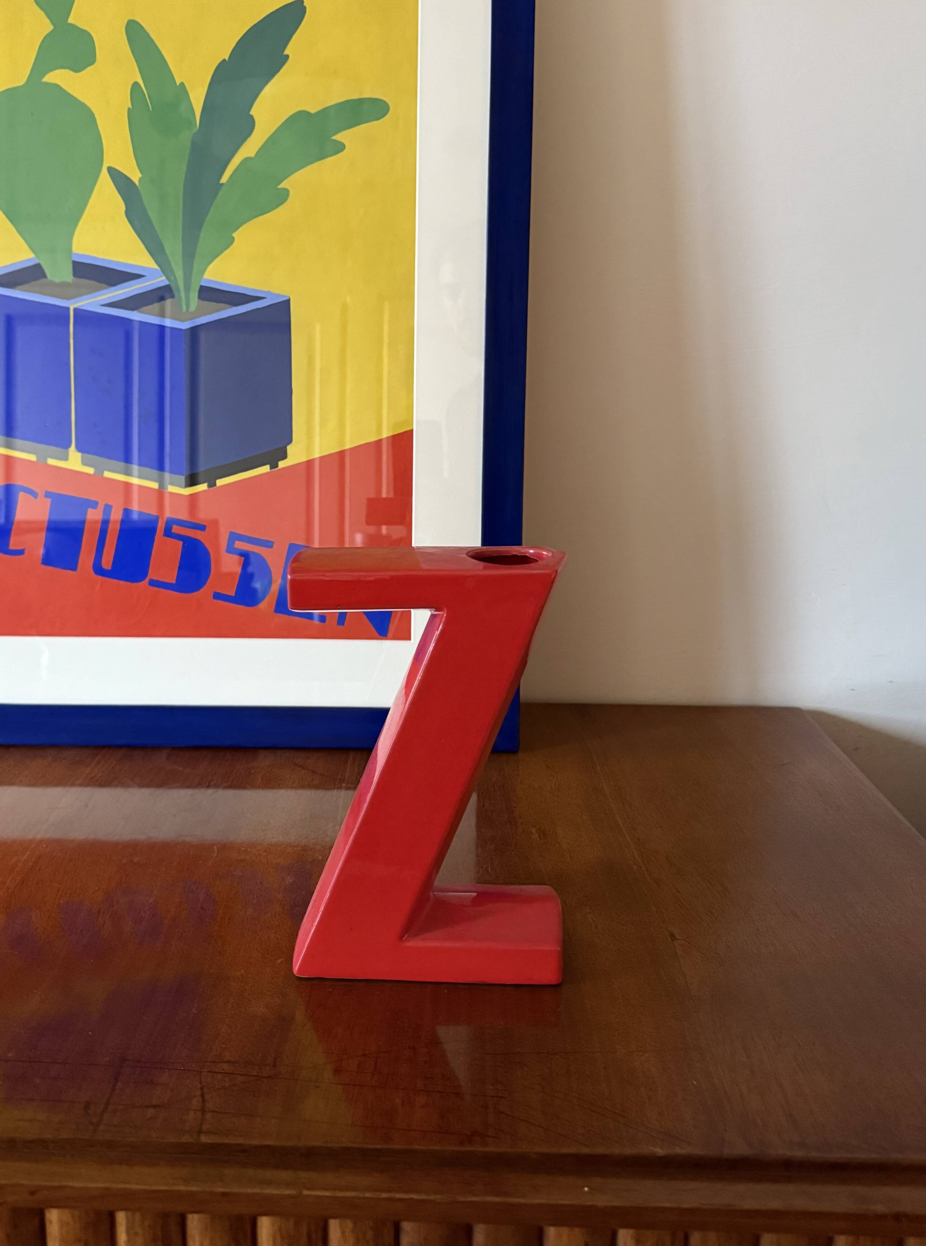 Space age red Z letter ceramic solifleur vase, Marcel Radureau France 1970