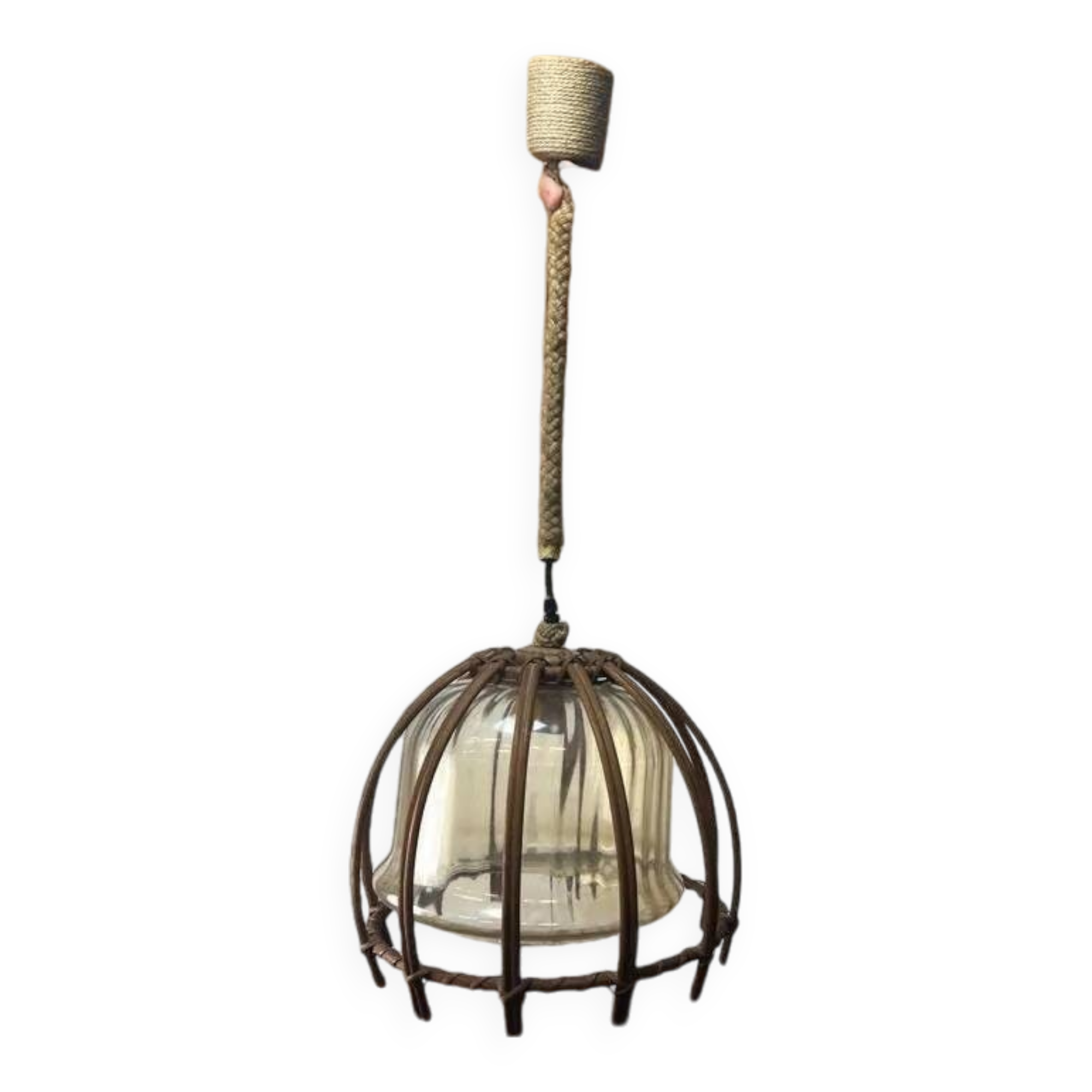 Vintage rattan pendant lamp with glass shade and cord accent