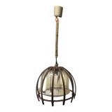 Vintage rattan pendant lamp with glass shade and cord accent