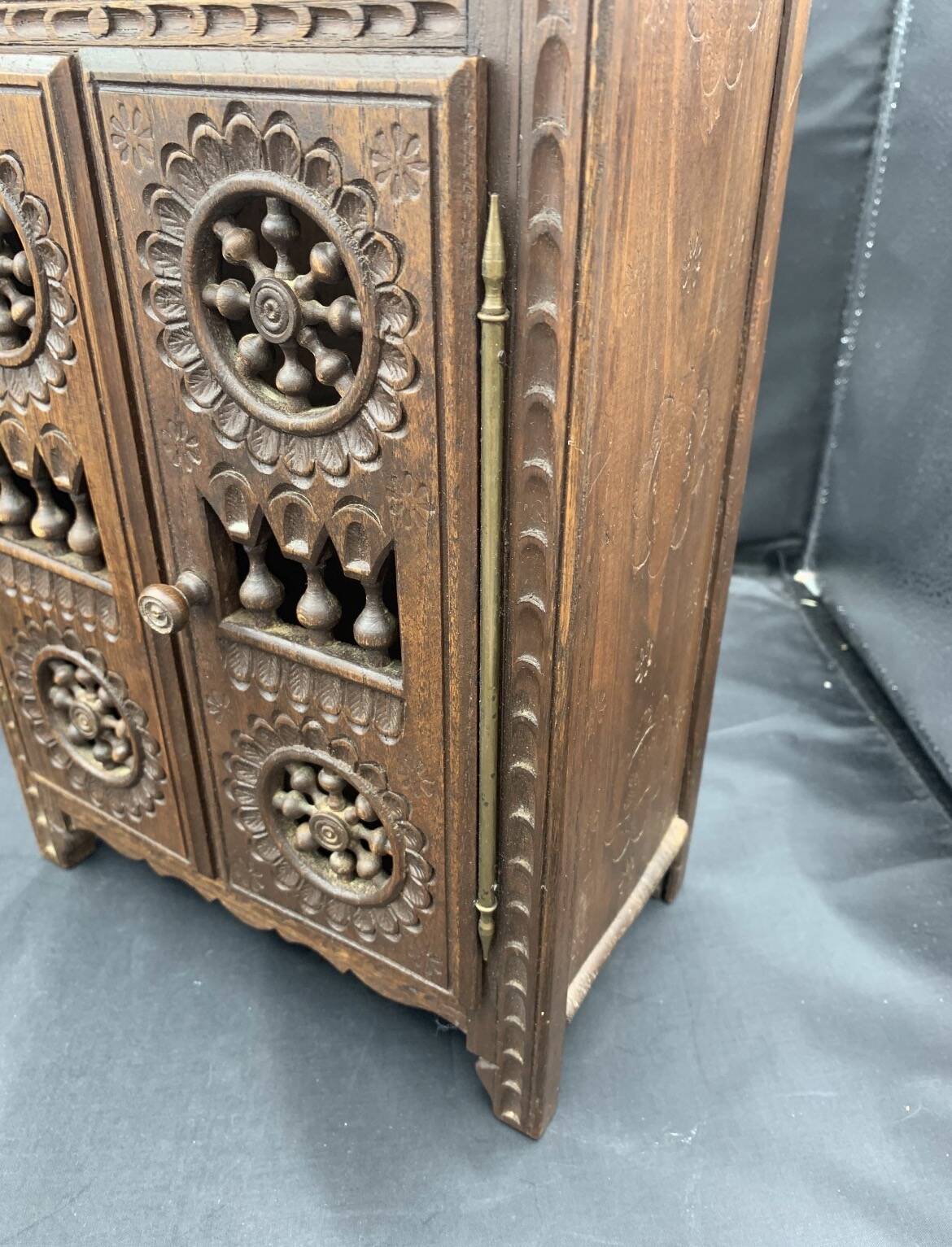 Miniature wooden wardrobe for dolls, hand-carved in Breton French style.