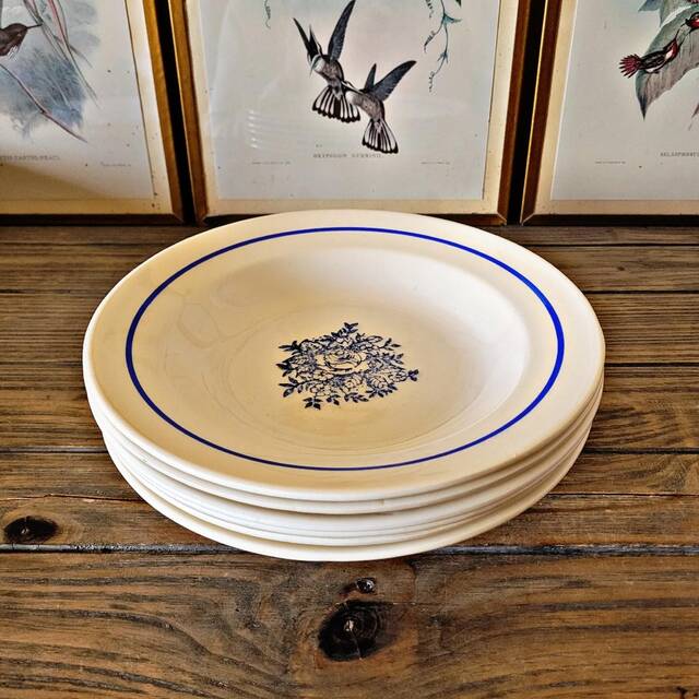 Vintage deep plates in ADP earthenware, blue rose patterns.
