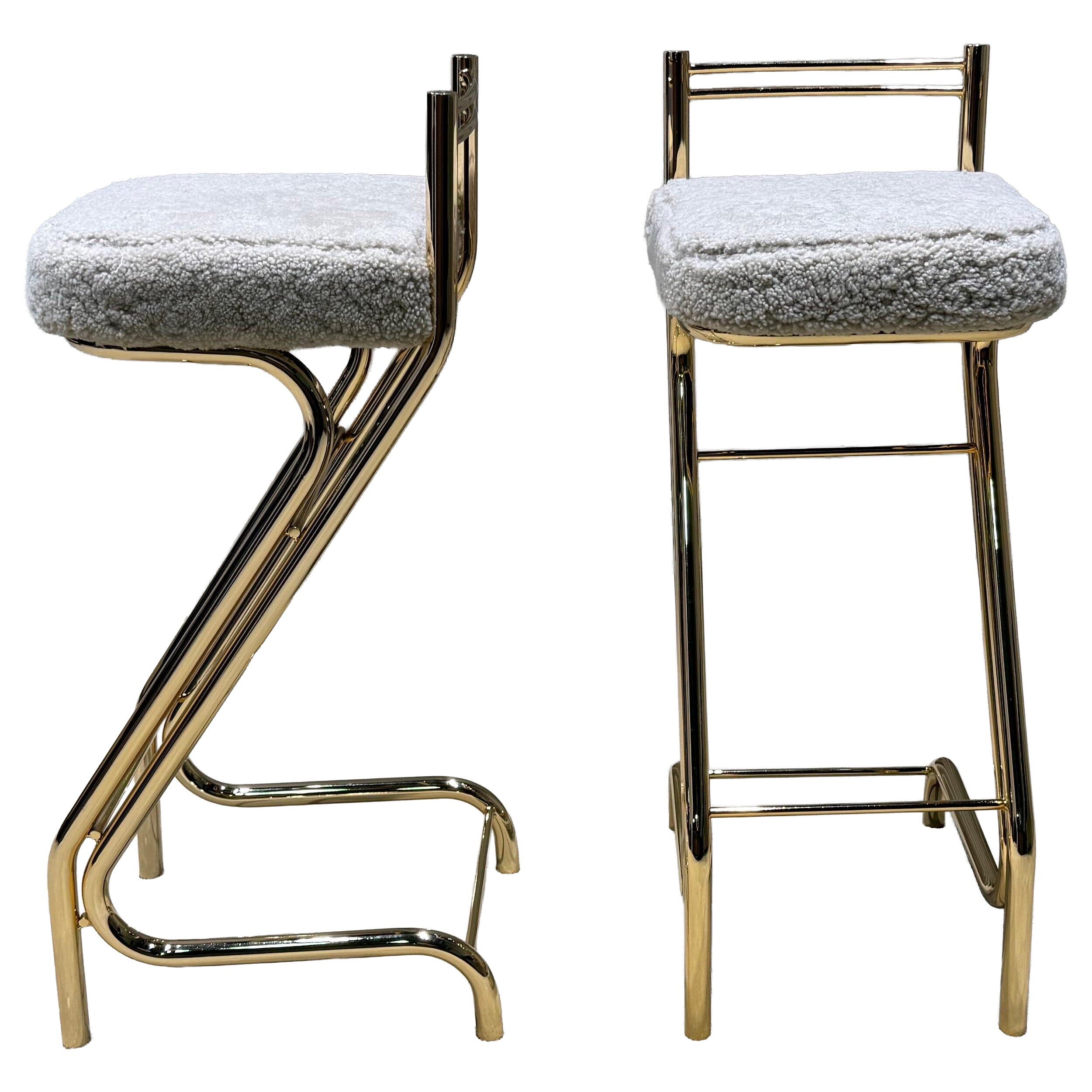 Mid-Century Modern Z Frame Bar Stools in Gold and Natural Shearling - Pair