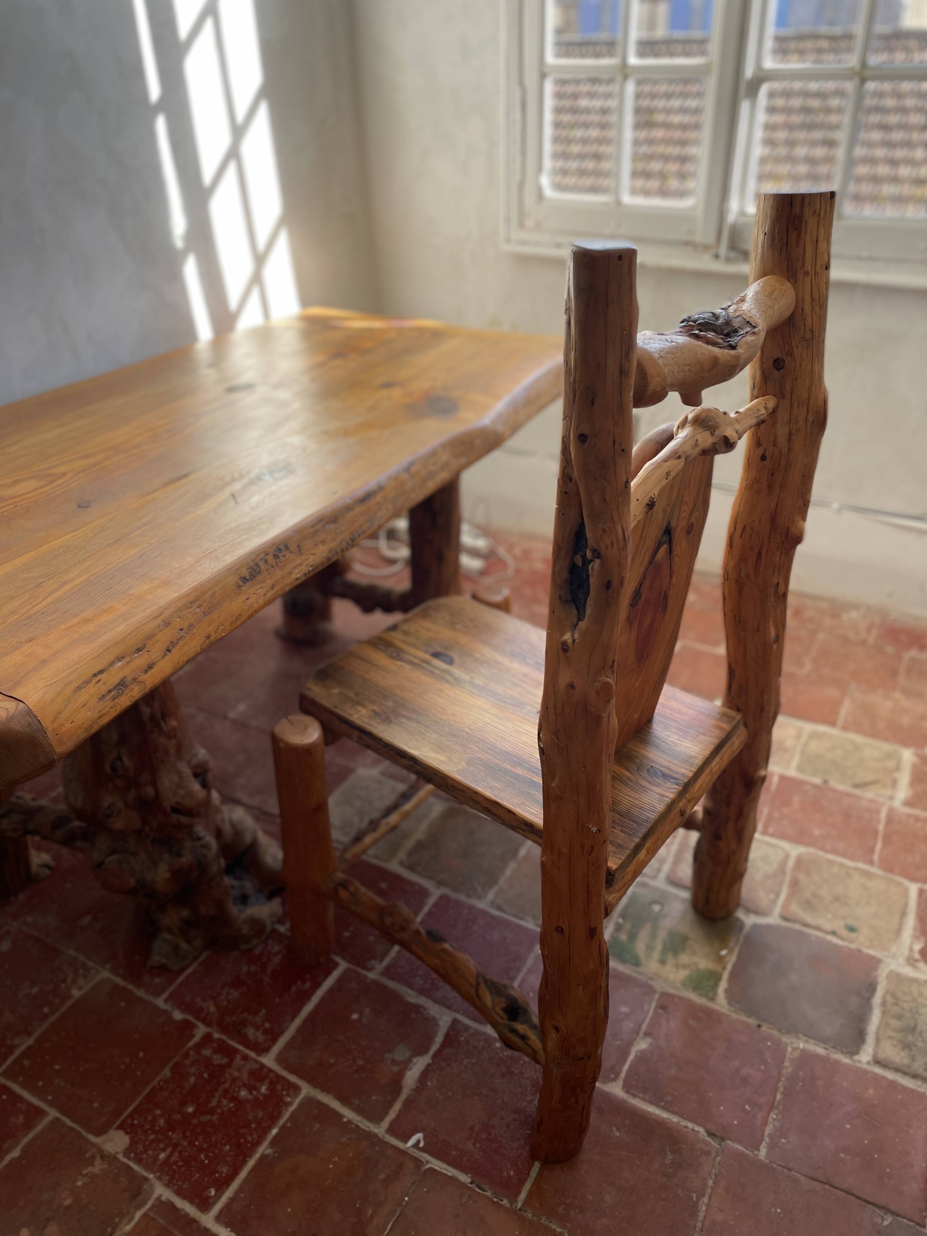 Rustic pine wood table and chair