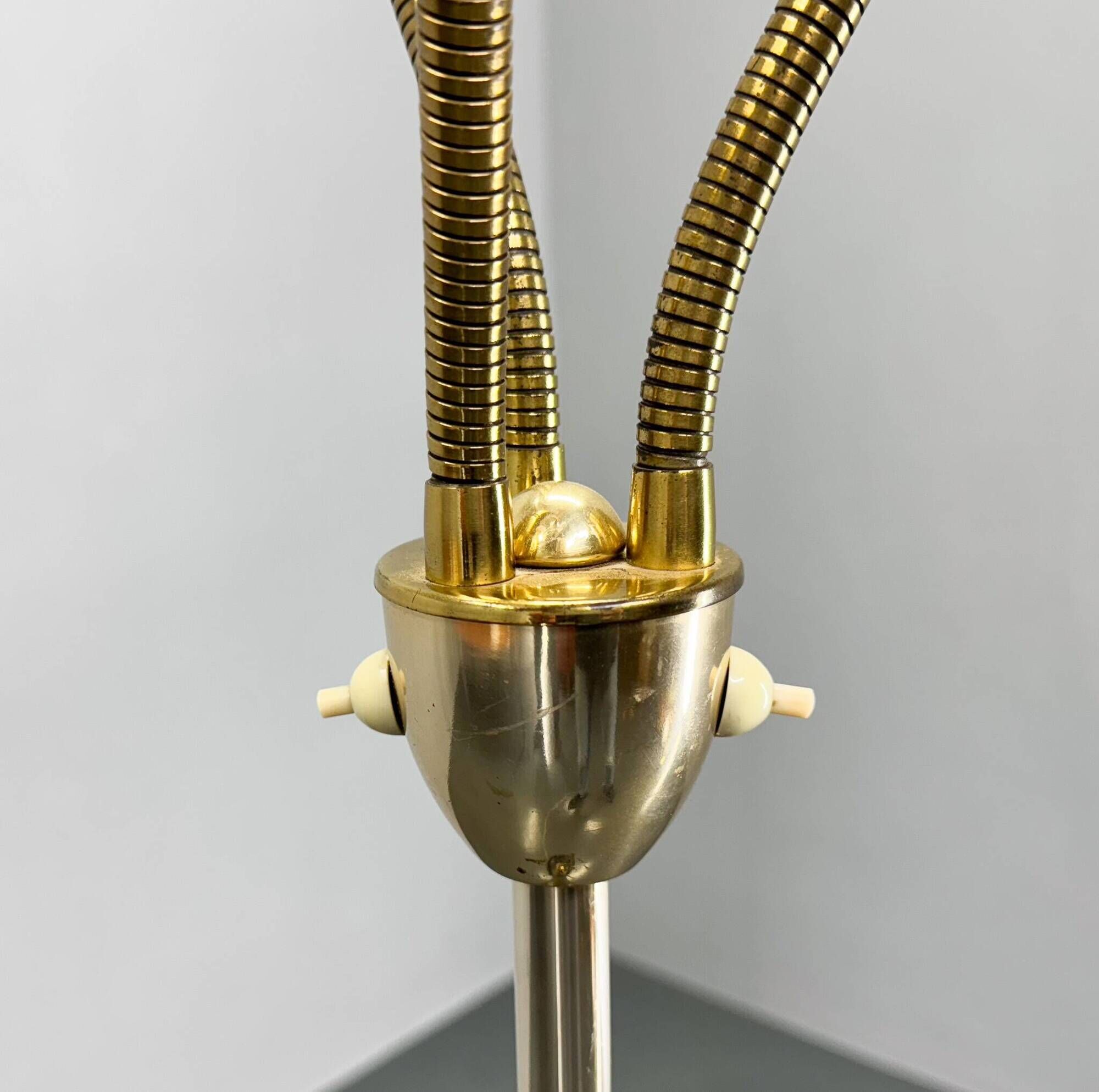 1950s Brass & Glass Adjustable Floor Lamp with Wooden Detail