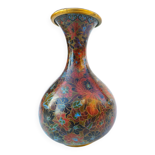Grand vase balustre en émail cloisonné au décor de pivoines royales – 23 cm