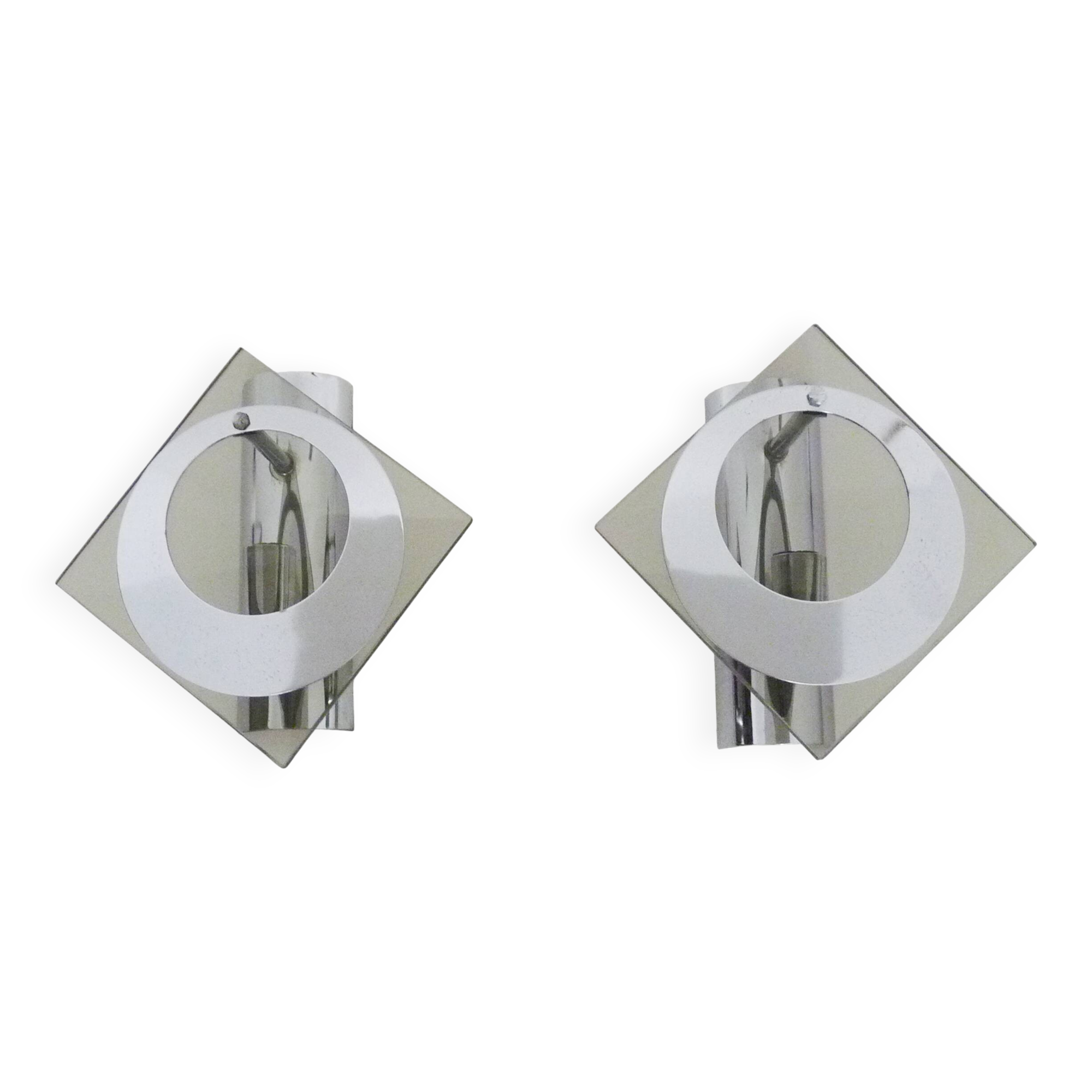 Pair of chrome metal and glass wall sconces, VECA Fontana Arte style.