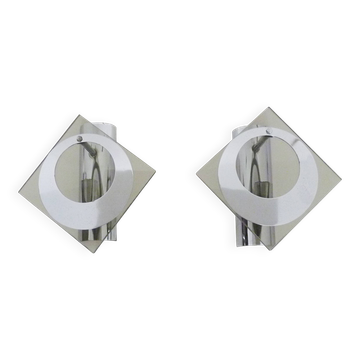 Pair of chrome metal and glass wall sconces, VECA Fontana Arte style.