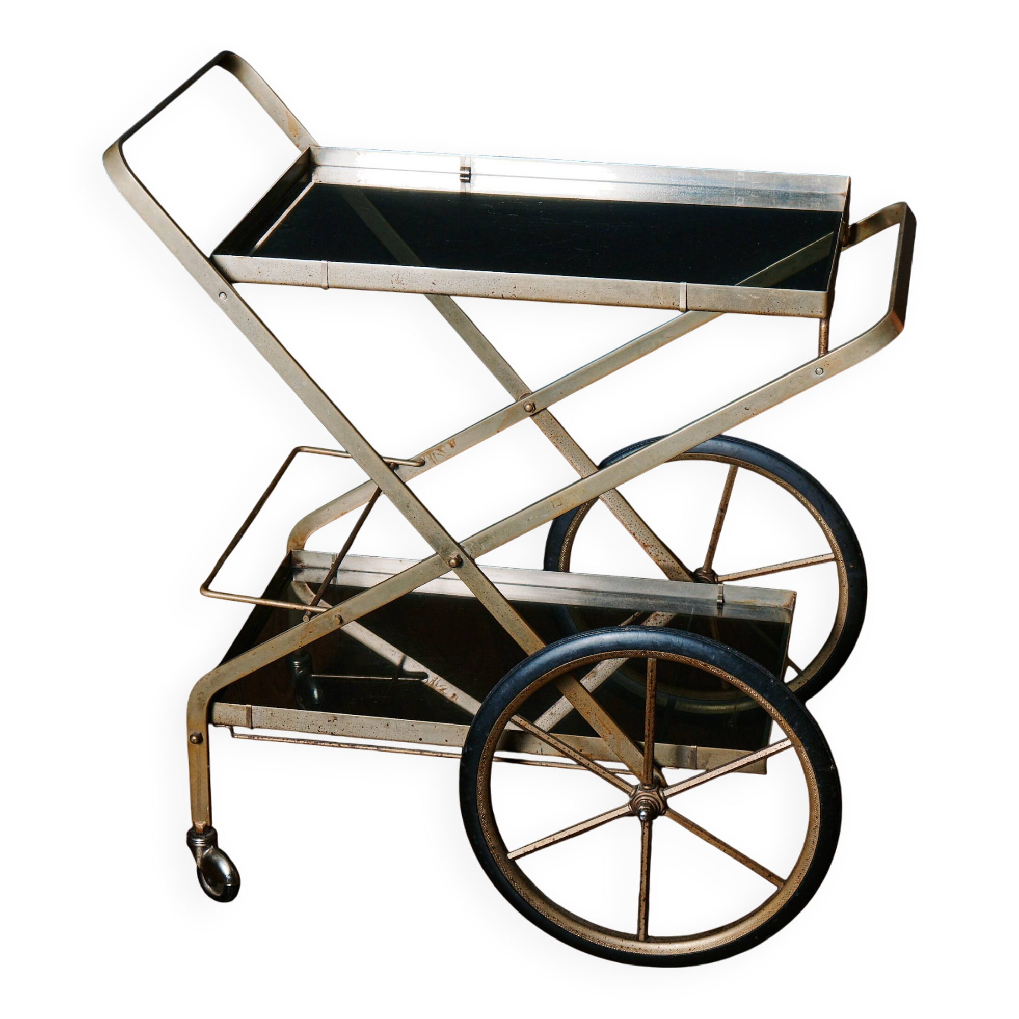 Vintage rolling trolley in gold metal & smoked glass – Retro elegance as