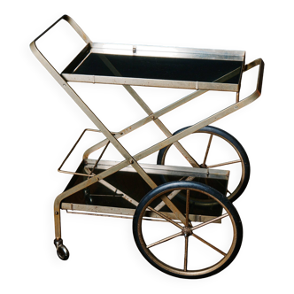 Vintage rolling trolley in gold metal & smoked glass – Retro elegance as