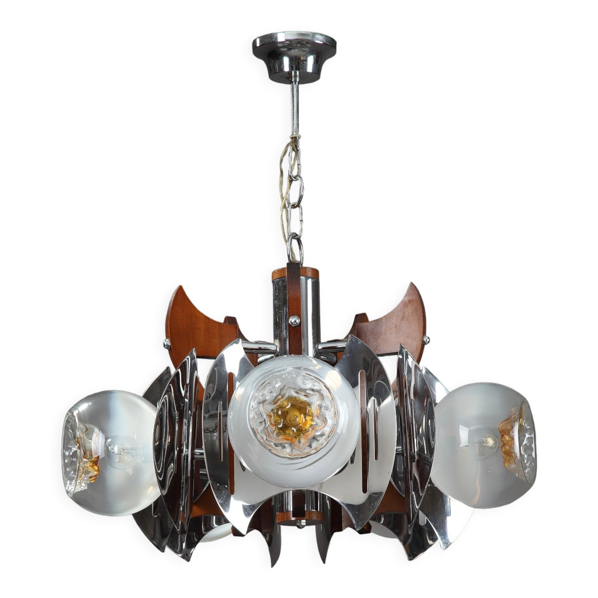 Mazzega chandelier in murano glass, chrome and wood, 1970's