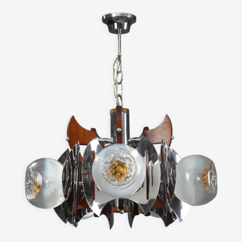 Mazzega chandelier in murano glass, chrome and wood, 1970's