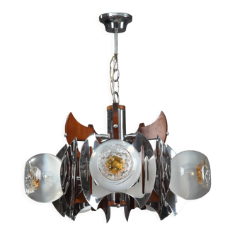 Mazzega chandelier in murano glass, chrome and wood, 1970's