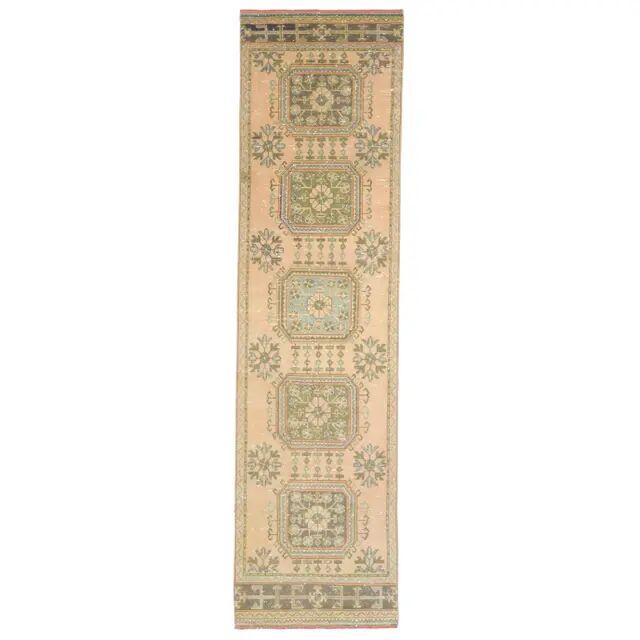1970s Vintage Turkish Hand-Knotted Wool Cotton Orange Runner Rug 90x344