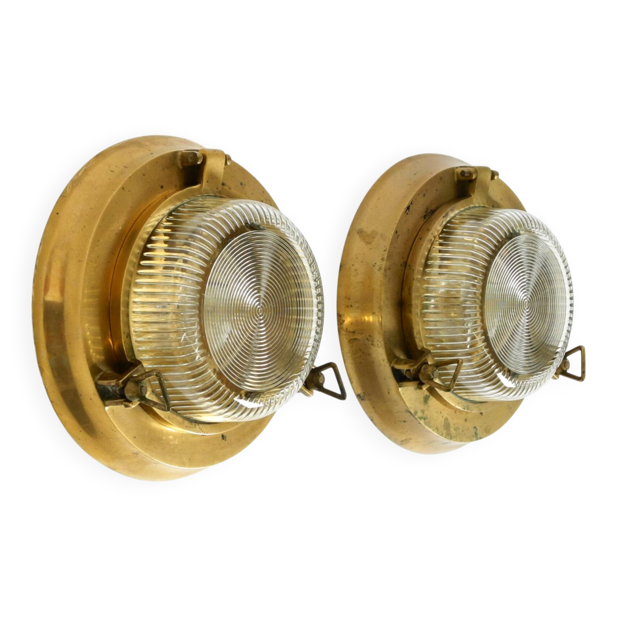 A pair of large, heavy 50s maritime ship wall lamps made of brass and glass