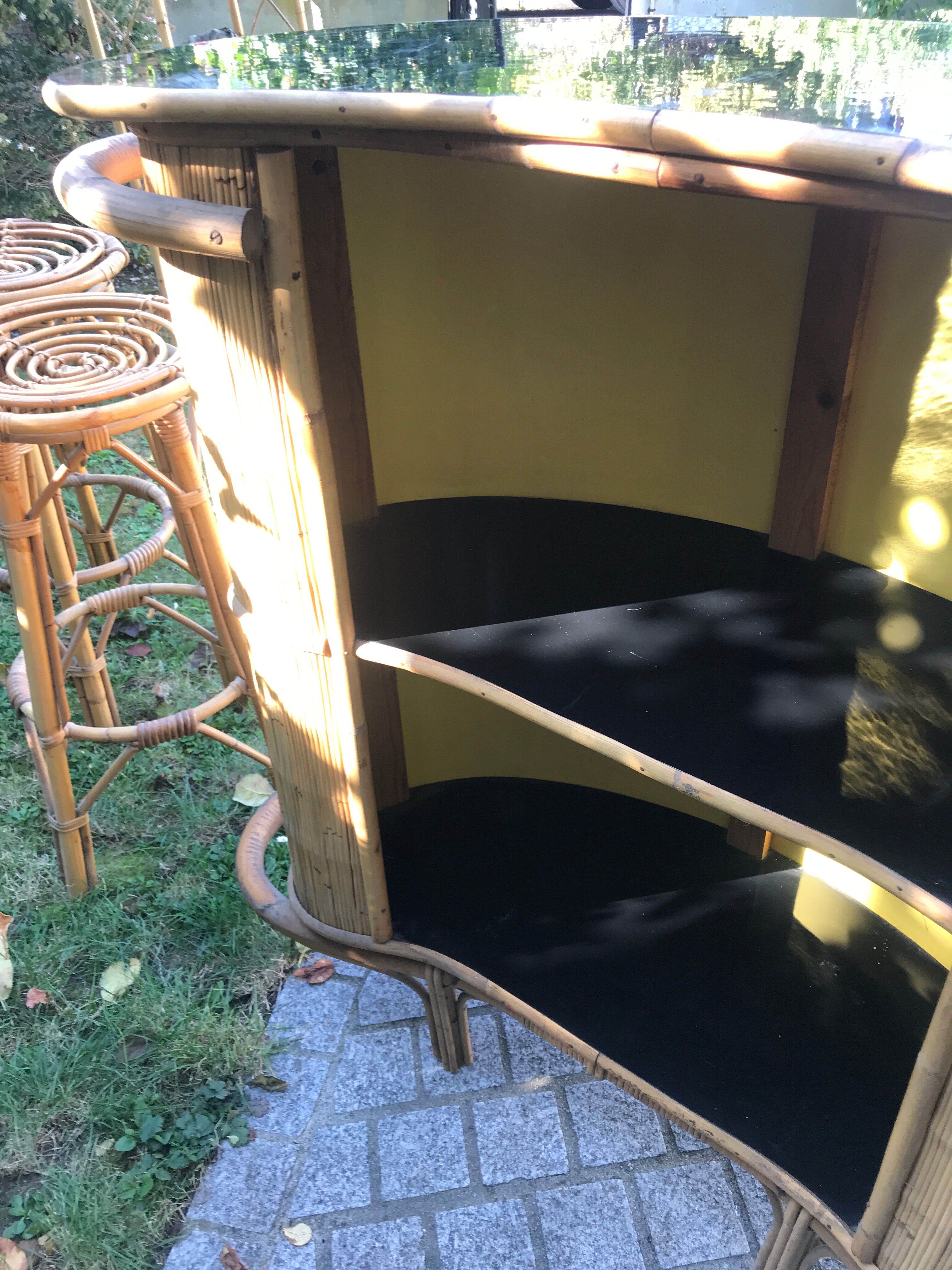 Rattan and bamboo bar & his 2 stools vintage 1950