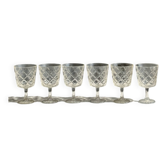 6 large classic glass water glasses with diamond pattern stem