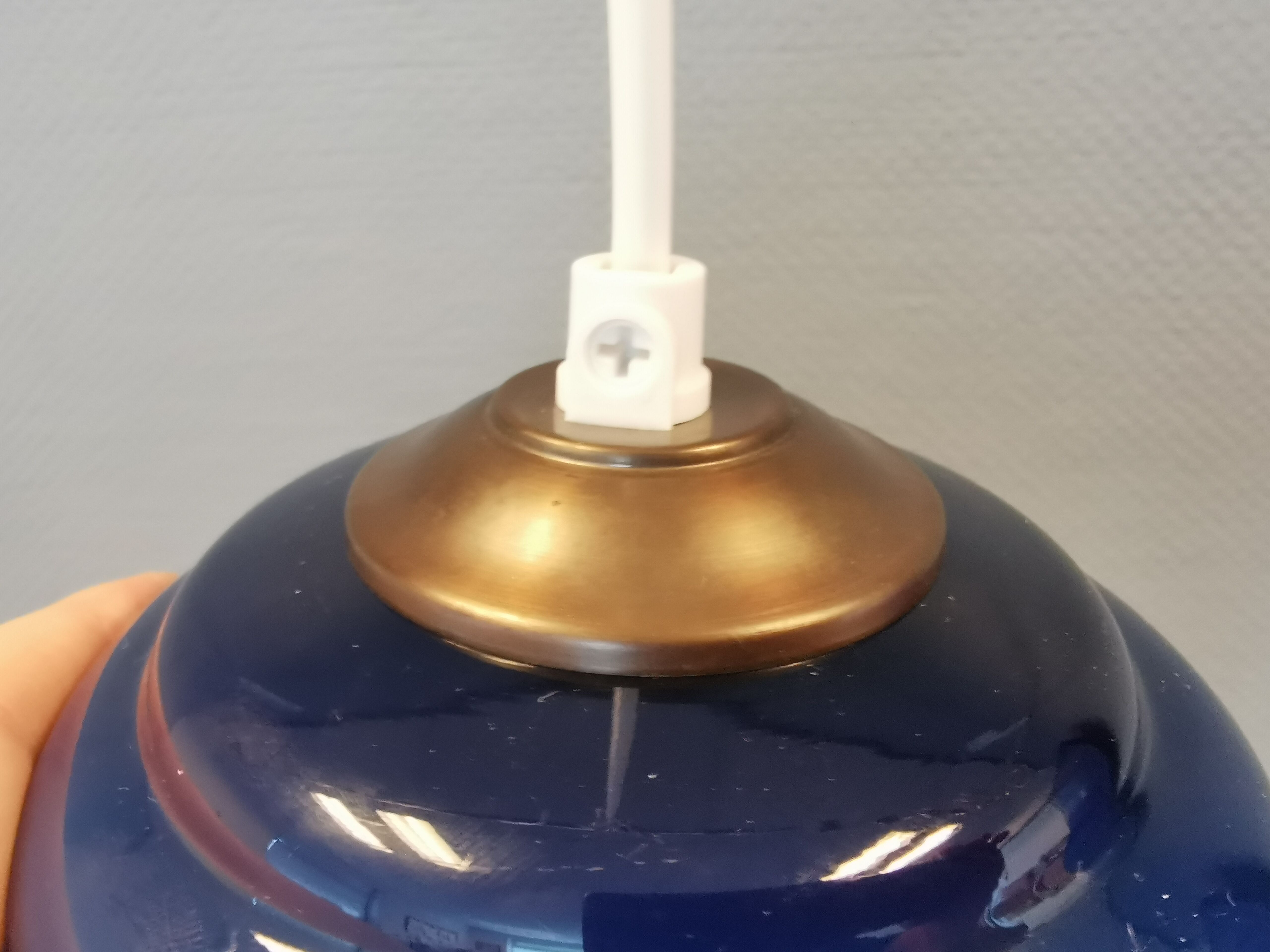Hanging lamp in double layer opal glass, blue on the outside and white on the inside.