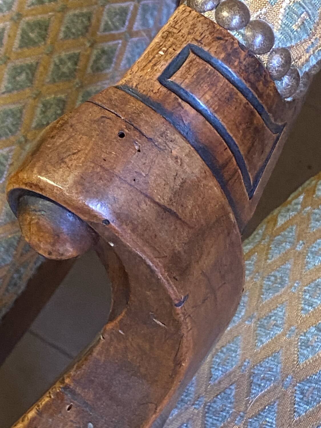 Two Louis XV style wooden and fabric armchairs