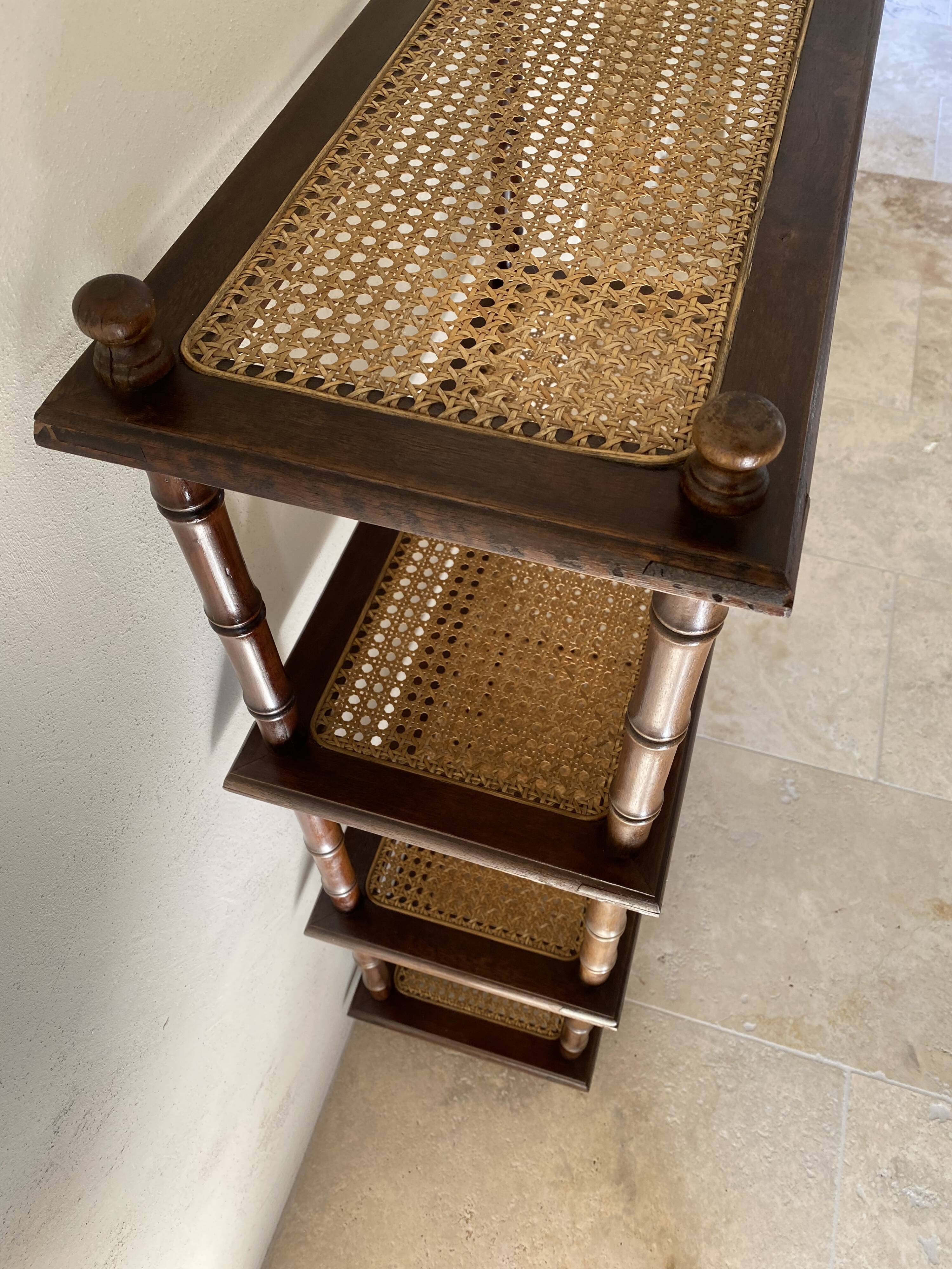 Vintage wooden shelf with cane, colonial style, 4 levels.