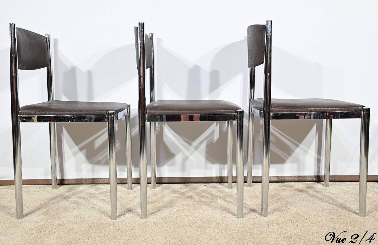 Suite of 3 Leather and Chrome Metal Chairs, attributed to Collomb Creation – 1970