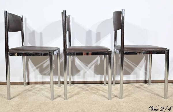 Suite de 3 Chaises en Cuir et Métal Chromé, attribuées à Collomb Création – 1970