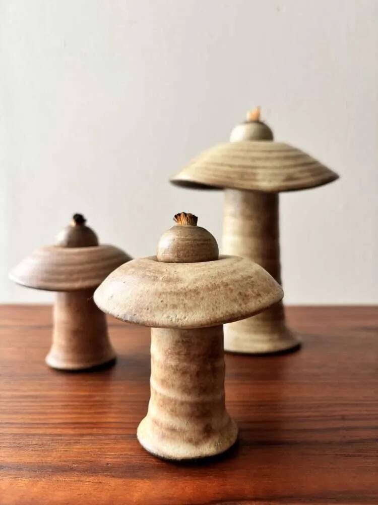 Set of three ceramic mushroom oil lamps by Freek Berends from the 1970s.