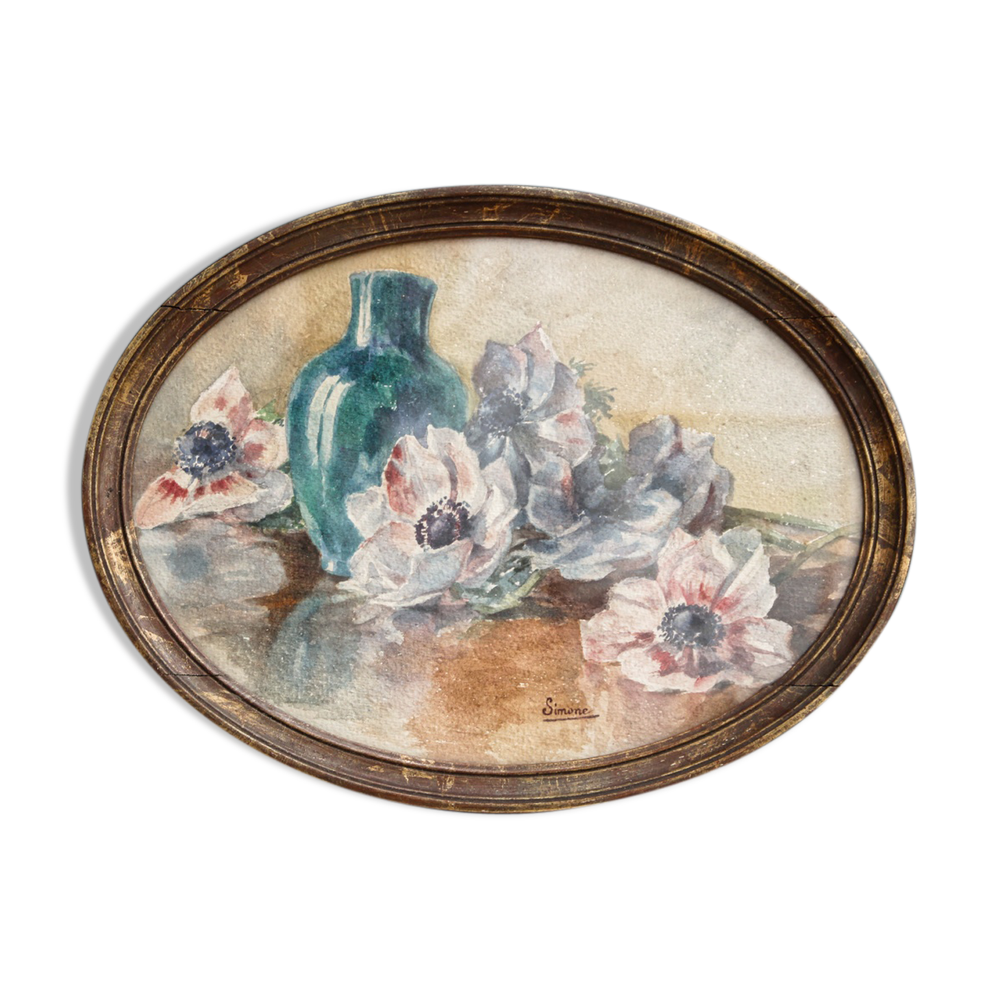 Still life, Watercolor with anemones, signed, oval frame