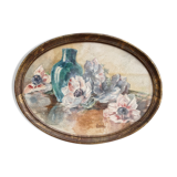 Still life, Watercolor with anemones, signed, oval frame