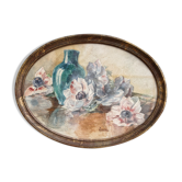 Still life, Watercolor with anemones, signed, oval frame