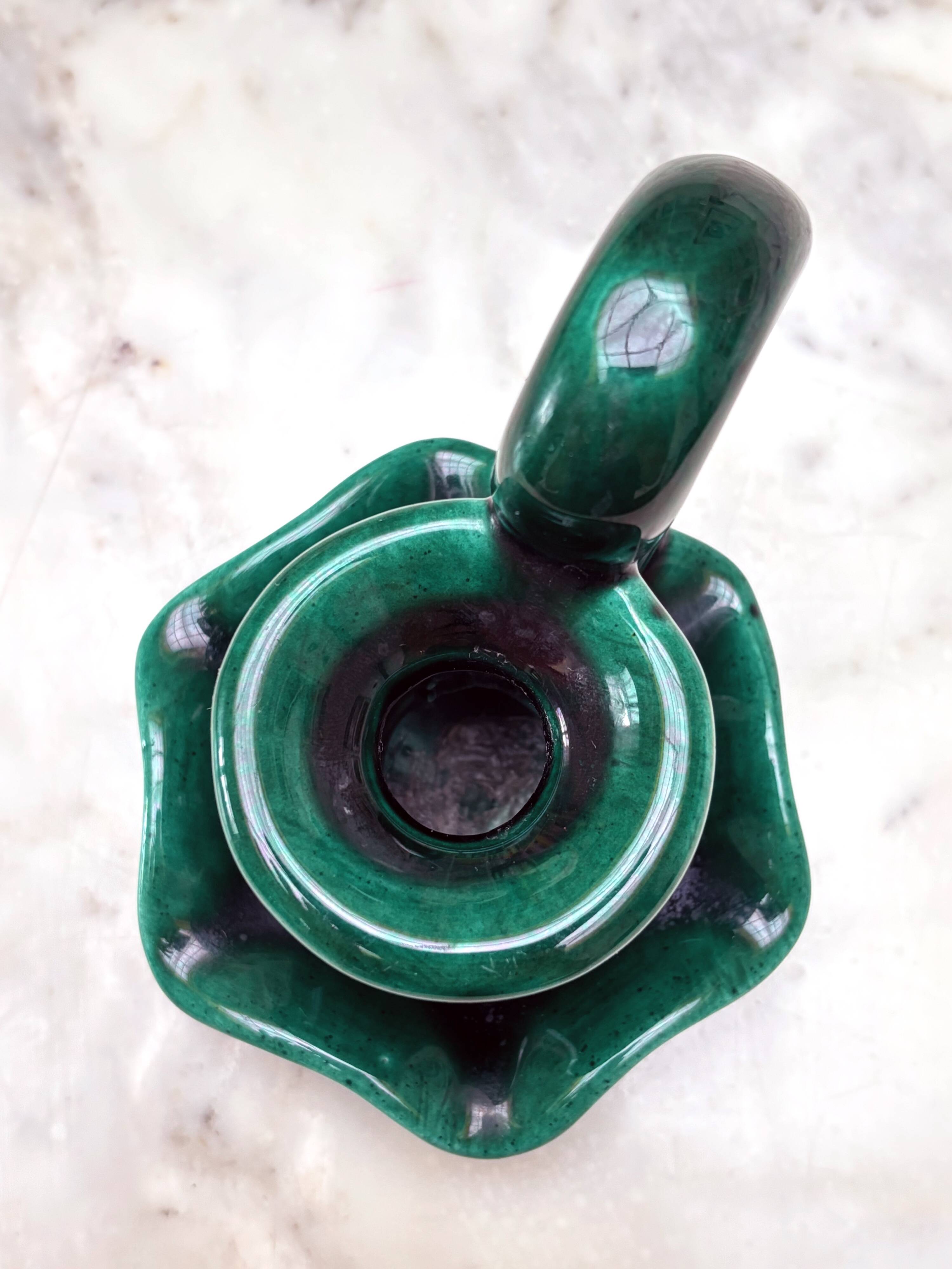 Beautiful vintage candle holder in green slip – glazed ceramic