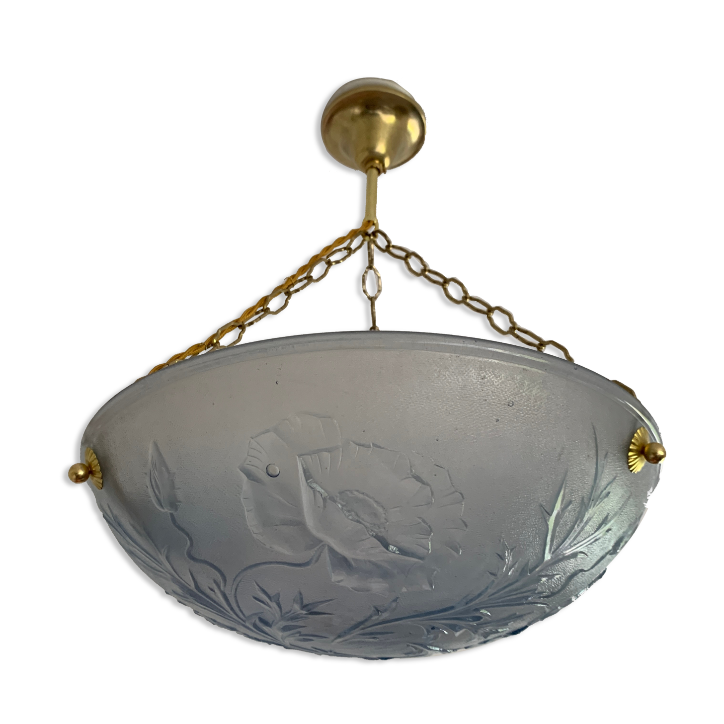 Art Deco vasque in glass pressed blue floral decoration France 1930