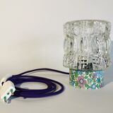 Lampe salon chevet bureau vintage verre transparent fleurs violet bleu vert