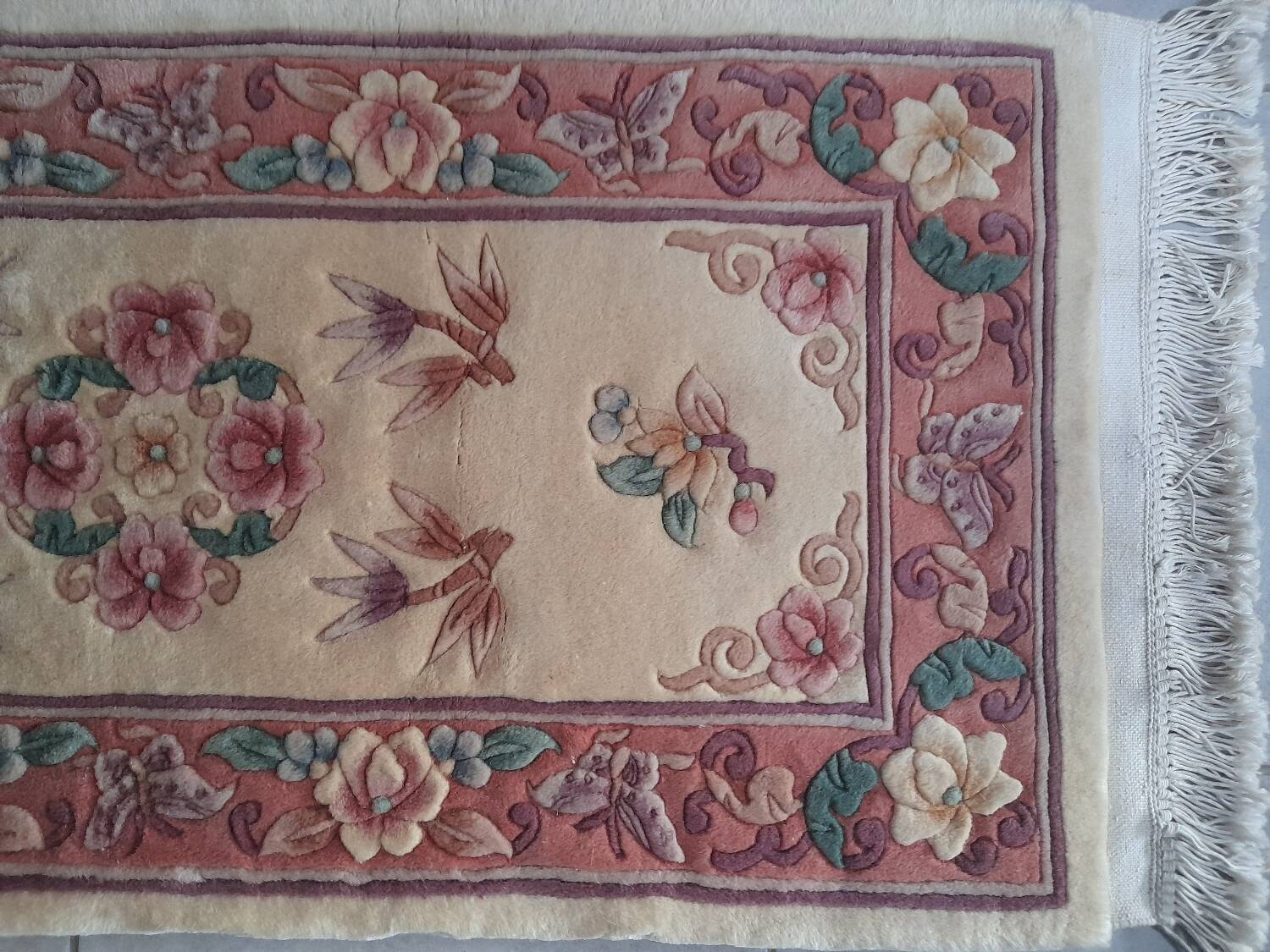 Vintage Chinese rug 120 x 60 cm with reliefs, Beijing flowers, handmade.