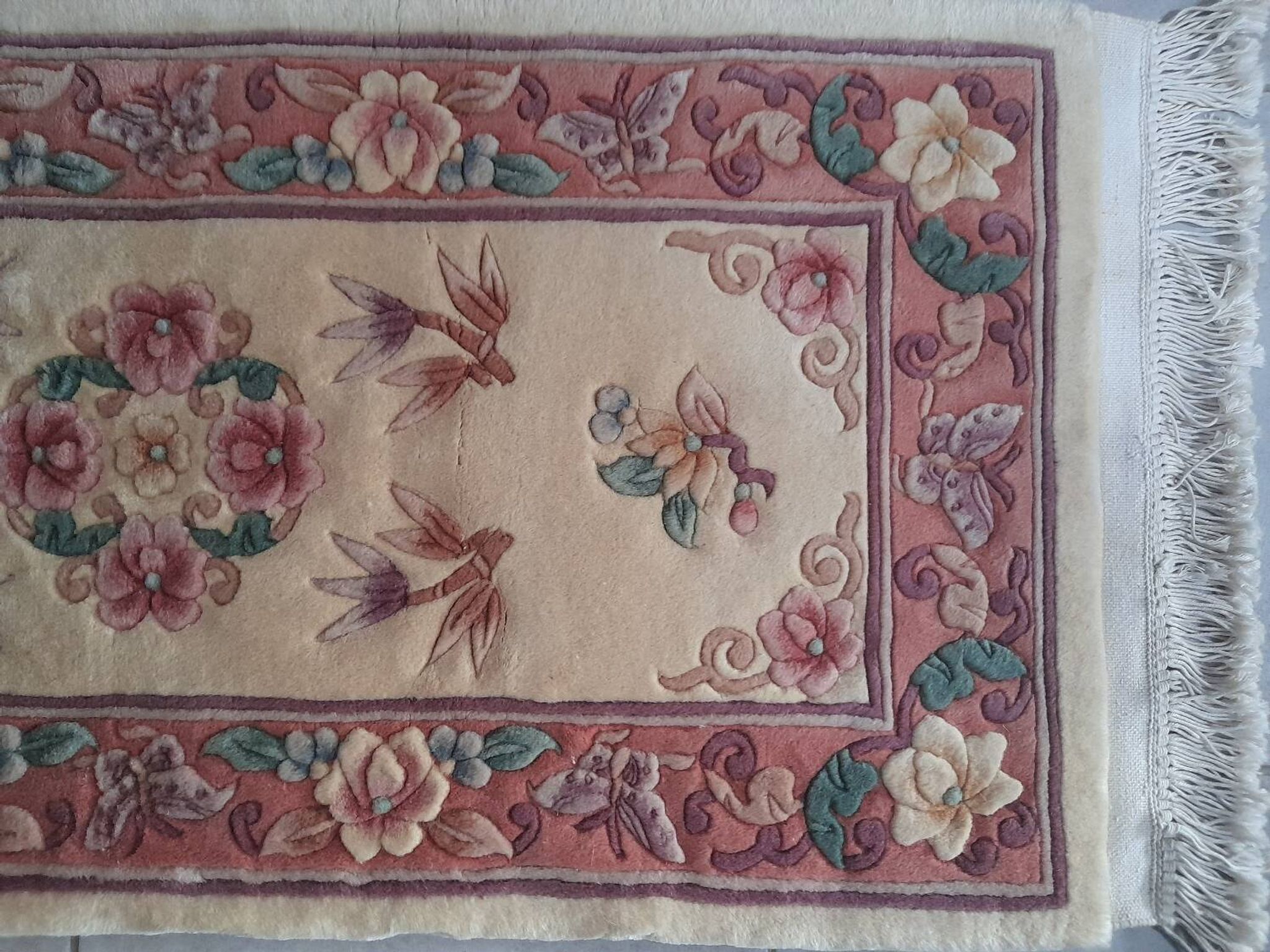 Vintage Chinese rug 120 x 60 cm with reliefs, Beijing flowers, handmade.