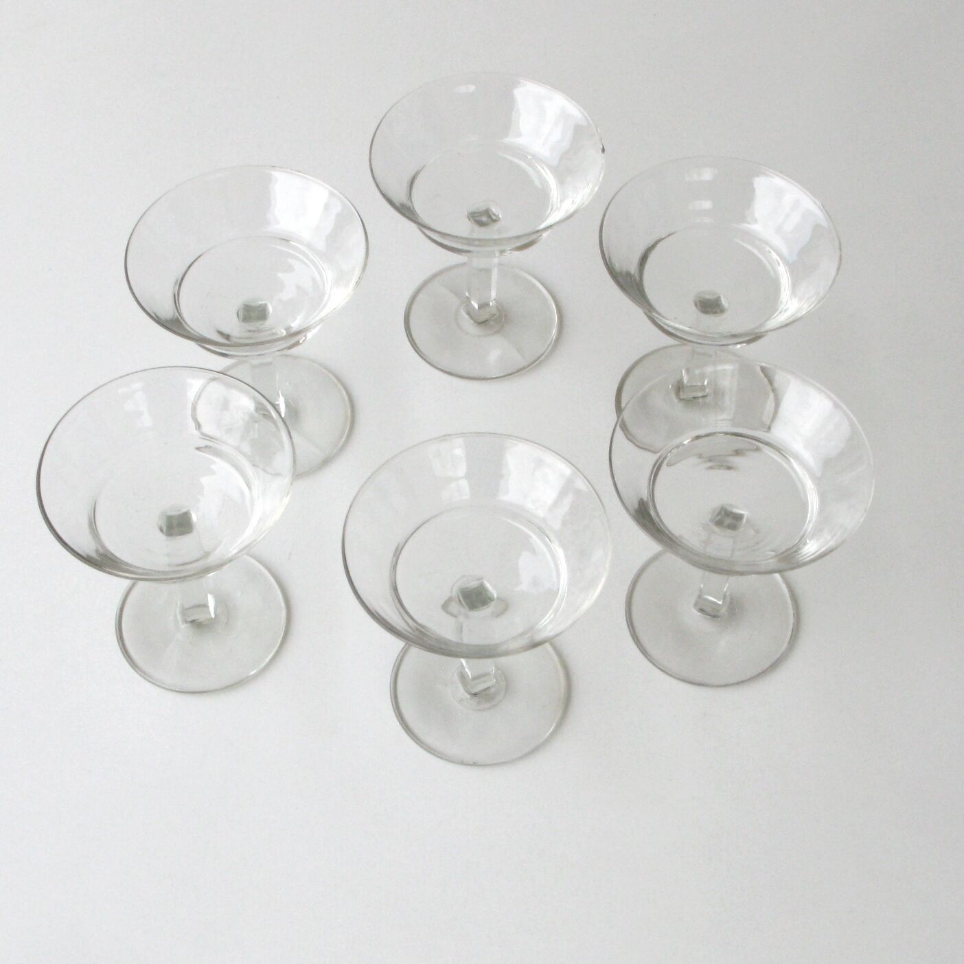 6 old champagne glasses vintage model glass square feet design