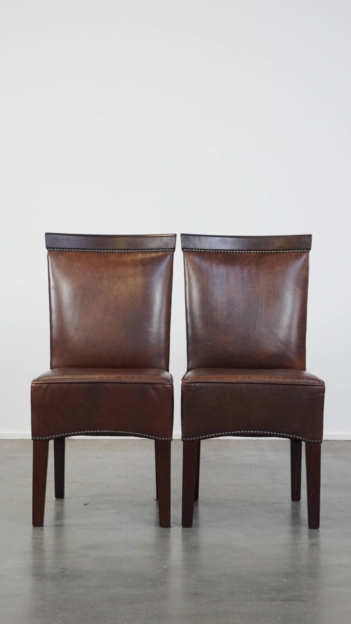 Set of 6 cognac-colored cowhide Art Deco design dining room chairs