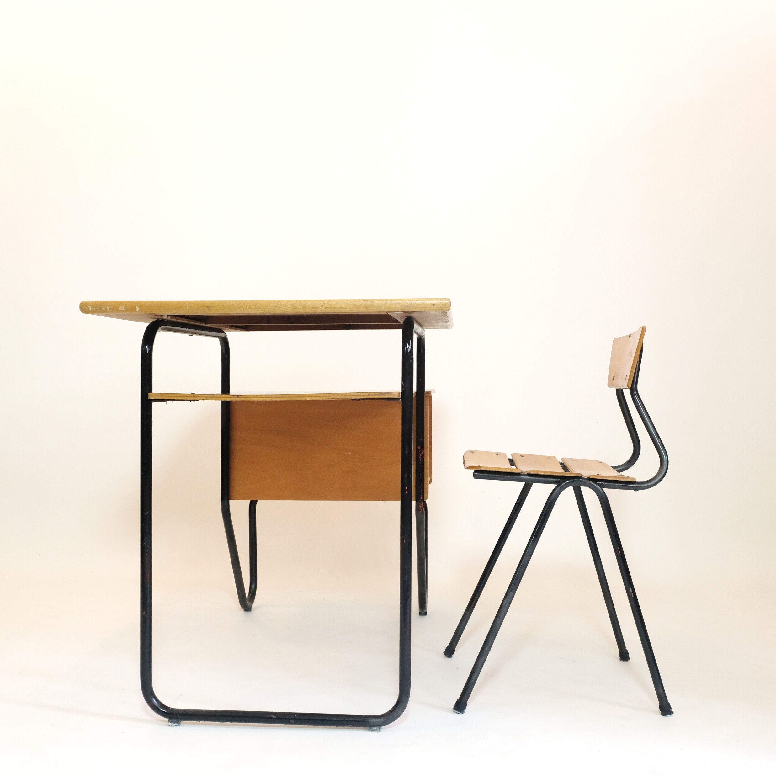 Wooden school desk and chair