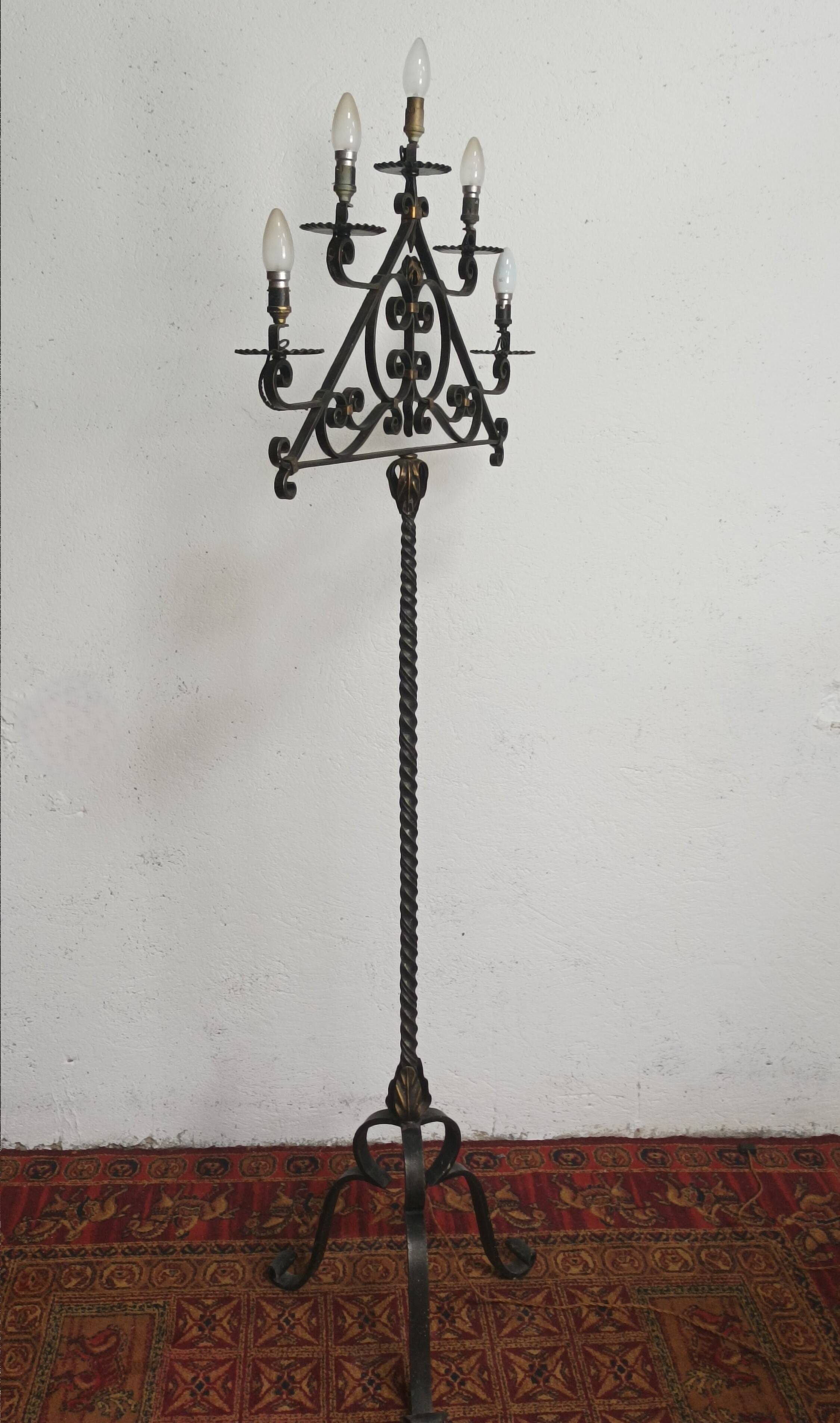 Wrought iron floor lamp with 5 light arms, 1940