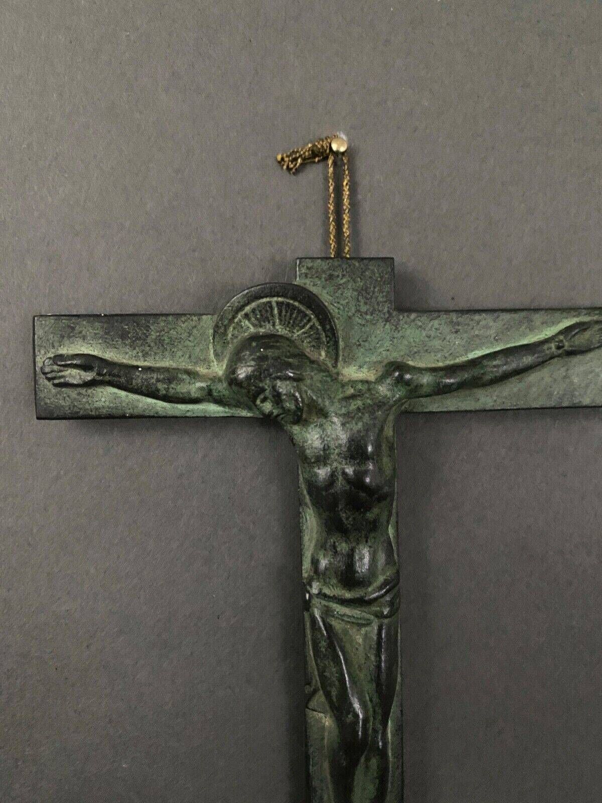20th century bronze crucifix with green patina in the style of the Haute Epoque