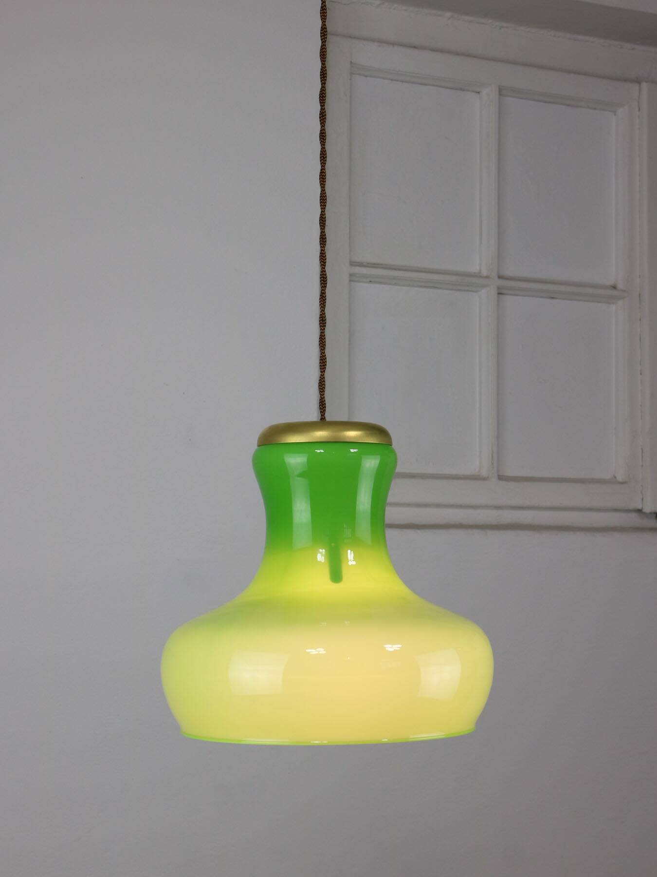 Big Mid-century Italian Brass and Glass Pendant Lamp