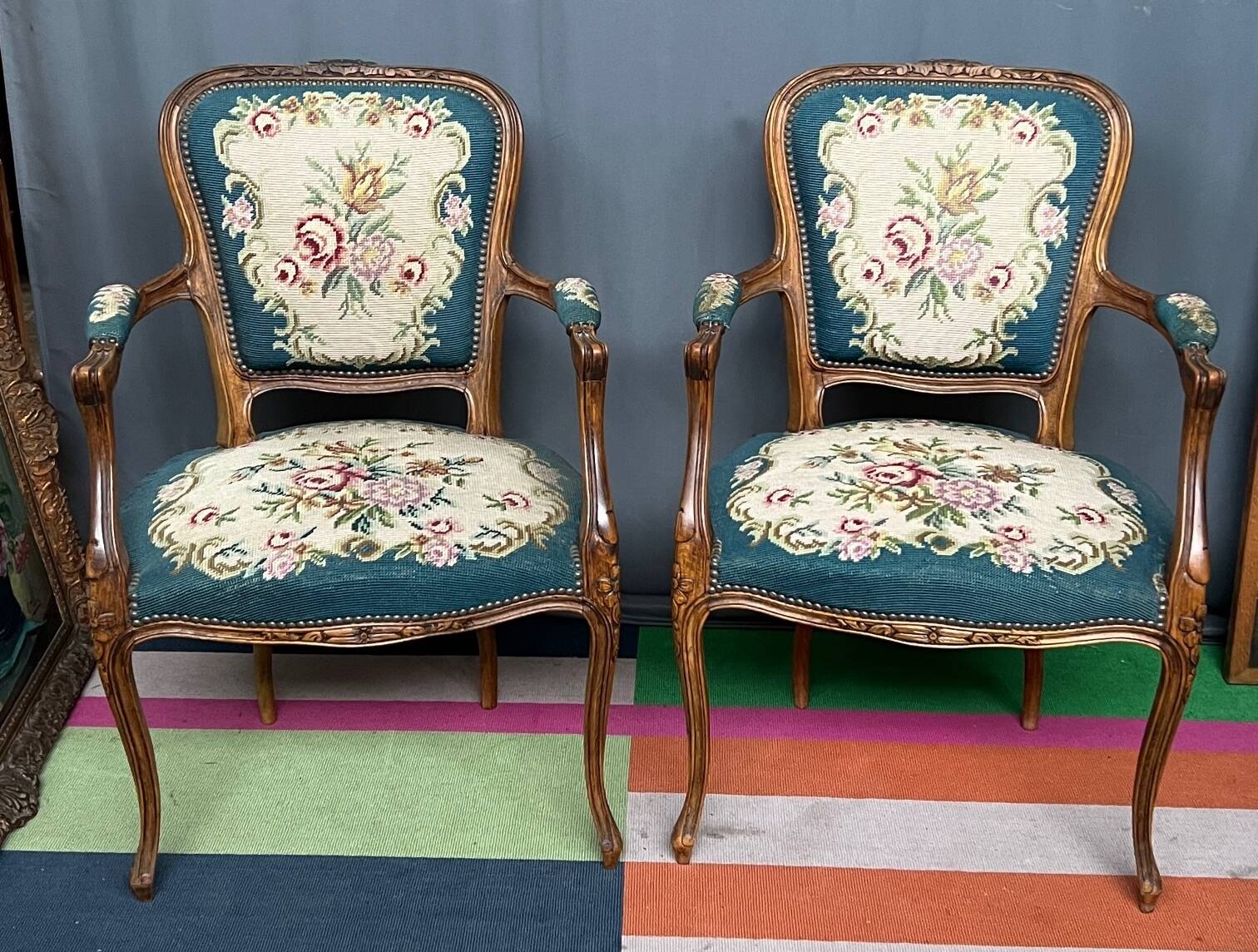 Pair of hand-embroidered armchairs. Walnut.