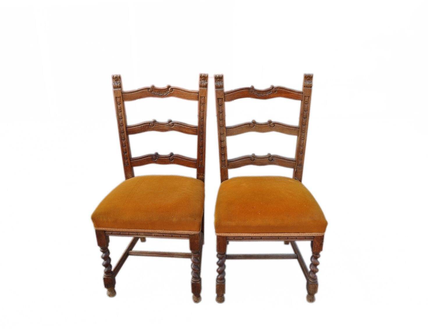 Pair of mid-century chairs from the 1950s in brown oak and straw yellow velvet — set of 2