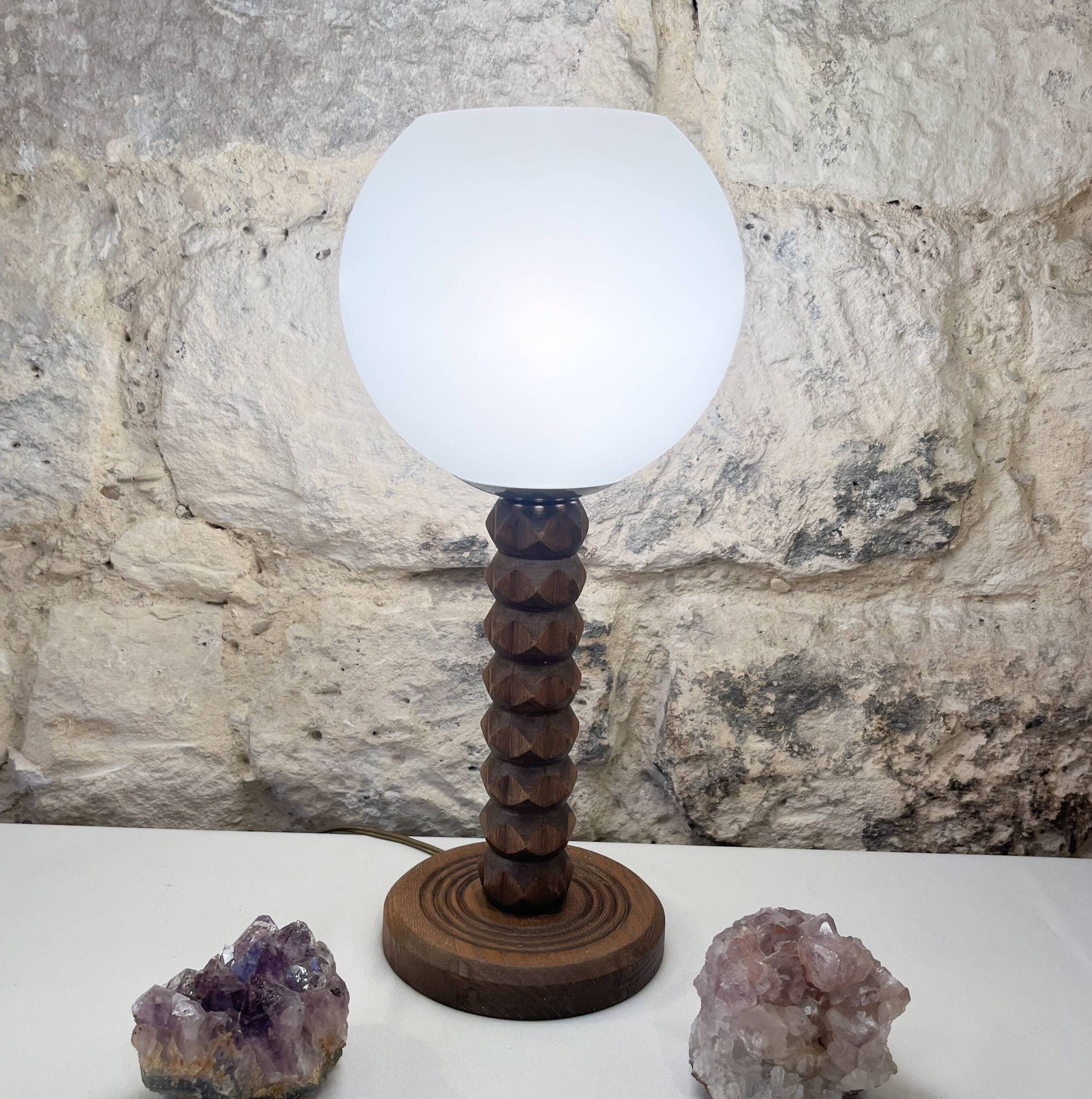 Wooden lamp in wabi-sabi brutalist style by Charles Dudouyt with white opaline.