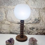 Wooden lamp in wabi-sabi brutalist style by Charles Dudouyt with white opaline.