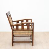 Neo-Basque sculpted armchairs in straw and oak, 1940s, set of 3