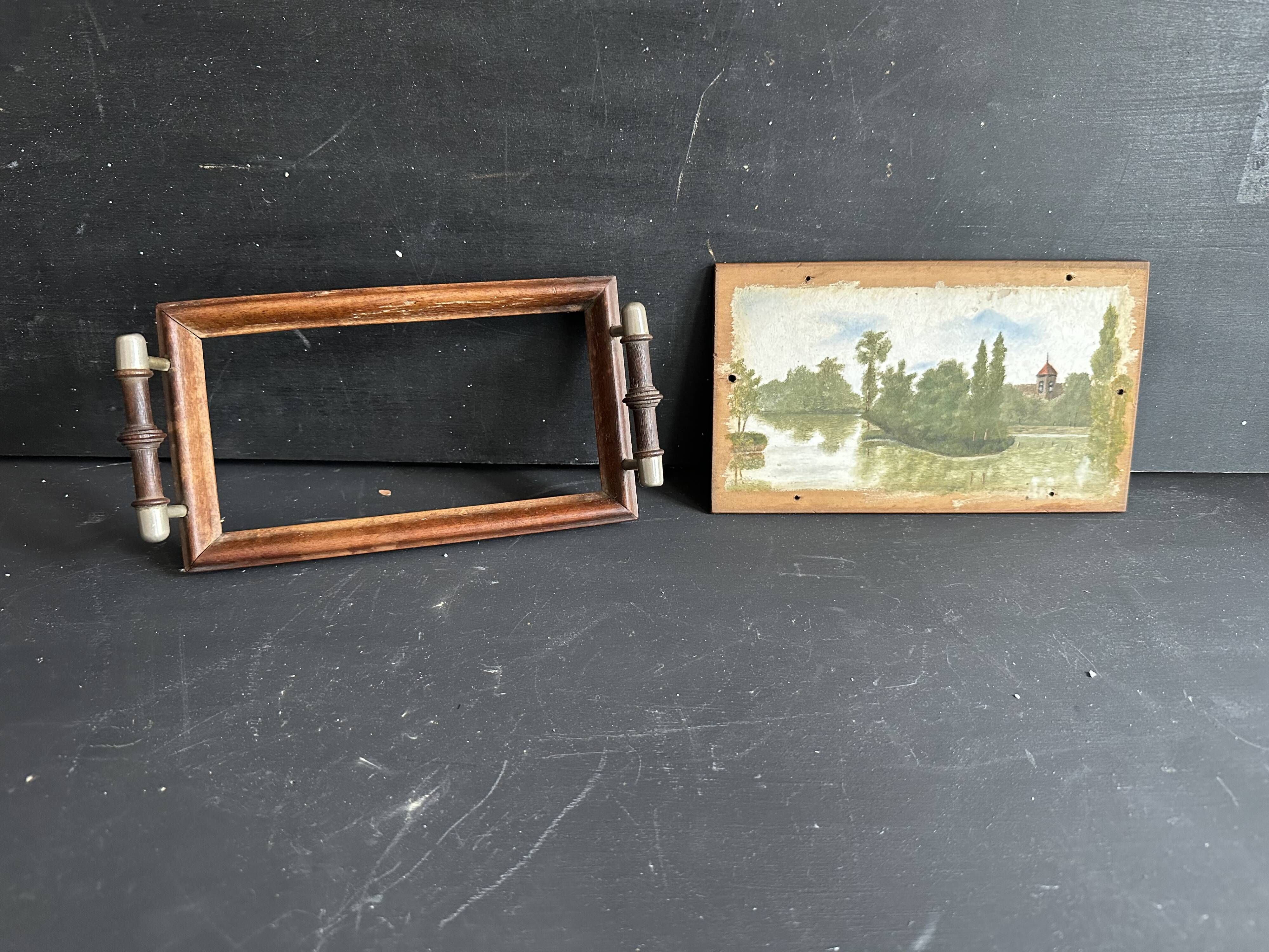 Antique miniature plateau, oil painting, turned wood and brass.