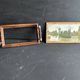 Antique miniature plateau, oil painting, turned wood and brass.
